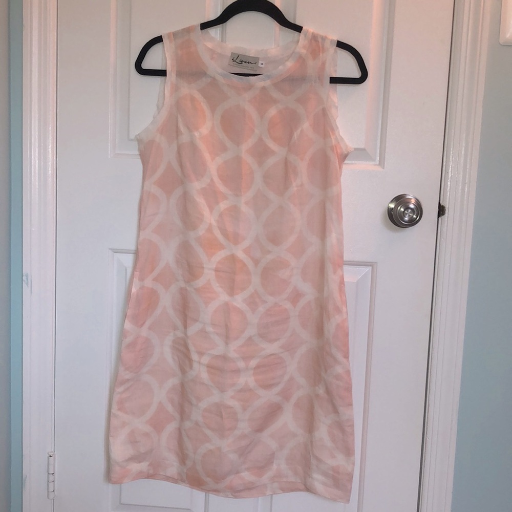 ILinen sleeveless pink pattern shift dress with side pockets